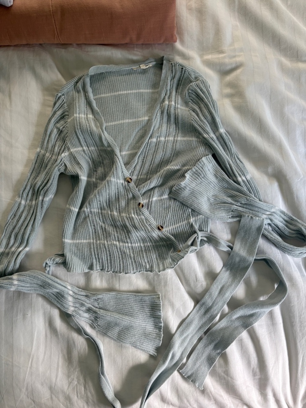 Le Lis Women's Light Blue Ribbed Wrap Cardigan